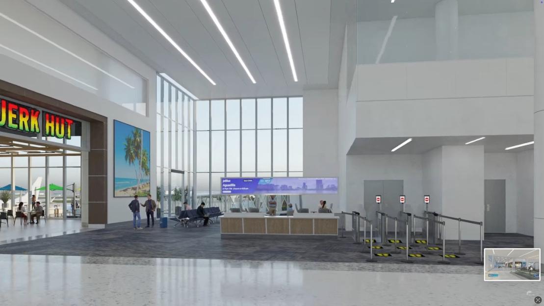 Illustration of a bright, modern airport terminal interior with a "Jerk Hut" restaurant and an information desk.