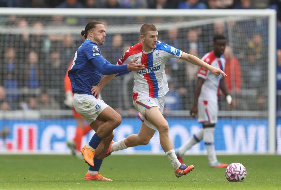 Jack Grealish of Everton battles for the ball with Adam Wharton of Crystal Palace.