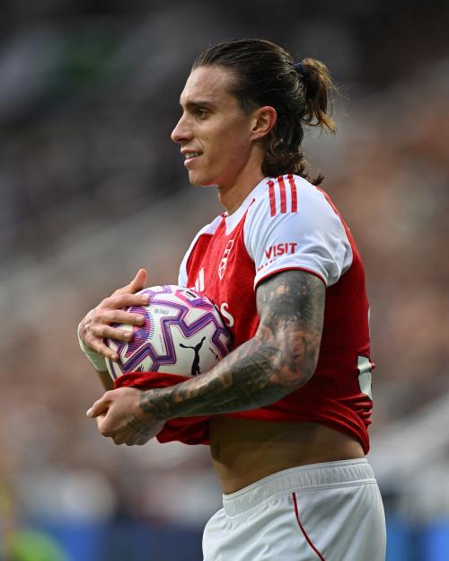 Riccardo Calafiori of Arsenal holding a football at St James' Park.