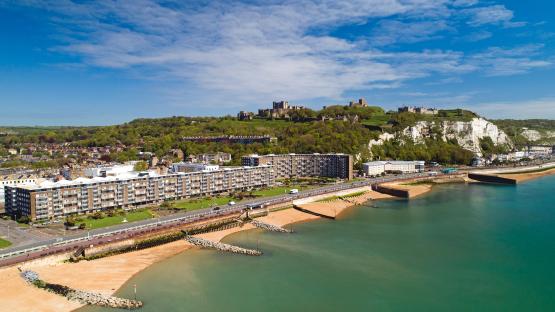 Aerial view of Dover beach and castle, Kent, England.