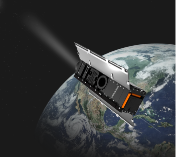 Illustration of a satellite projecting a beam of light towards Earth.