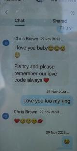 Close-up of a phone screen displaying text messages from a cryptocurrency romance scammer posing as a famous veterinarian.