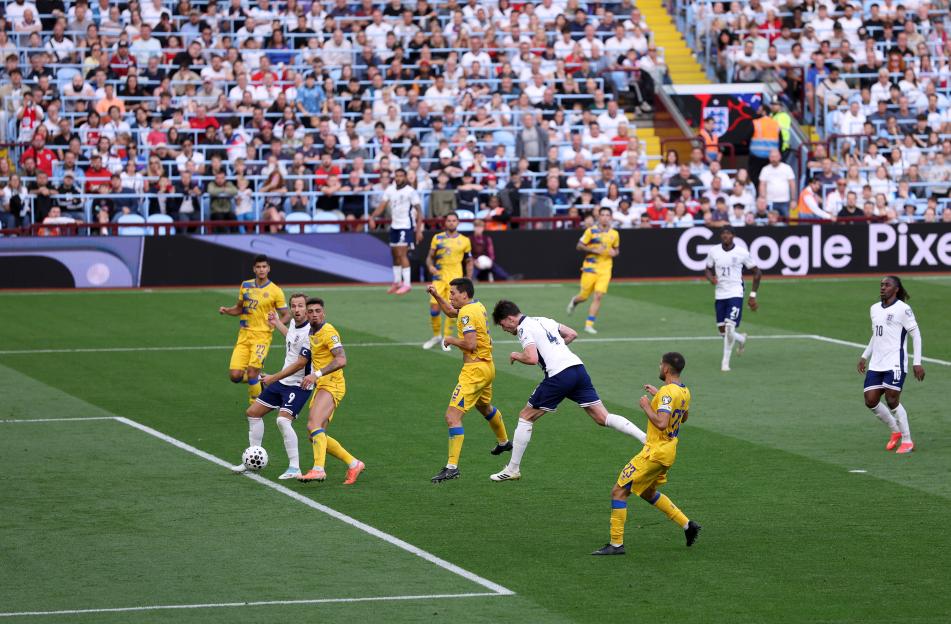 Declan Rice scoring a goal for England during a soccer match.