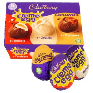 Five-pack of Cadbury Creme Eggs including classic, white, and caramel.