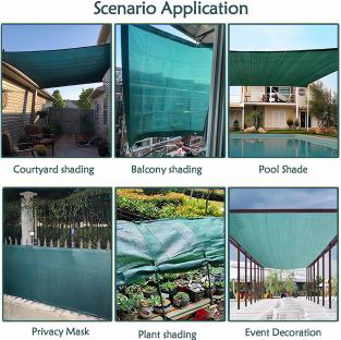 Collage showing various uses for a green shade cloth: courtyard, balcony, pool, privacy screen, plant cover, and event decoration.