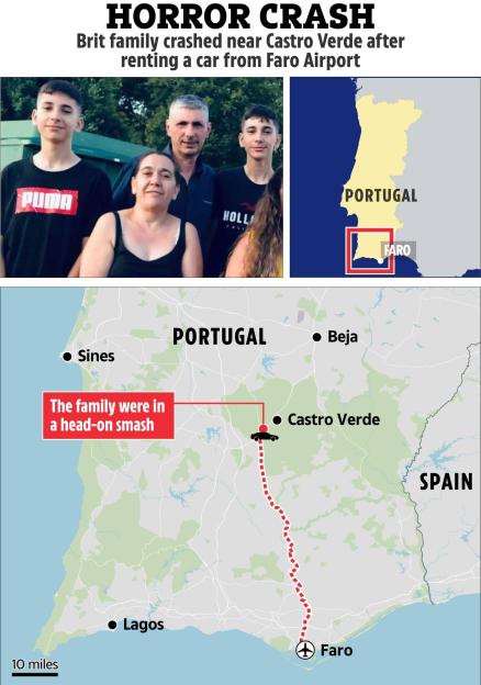 Illustration of a family photo and map showing the route of a fatal car crash in Portugal.