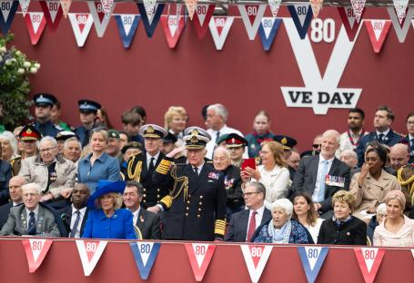 King Charles III and Queen Camilla at a VE Day commemoration.