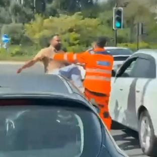 Video still of a road rage incident: two men fighting near cars.