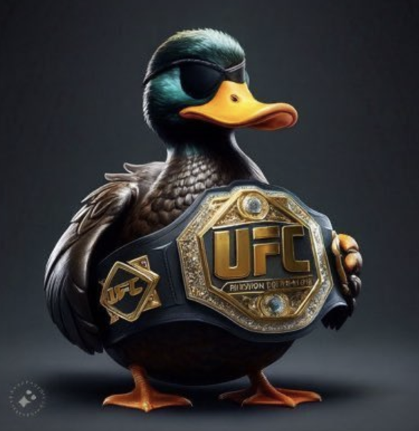 Illustration of a duck wearing an eye patch and a UFC championship belt.