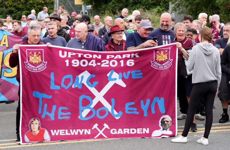West Ham United fans protesting, holding a banner that reads "Upton Park 1904-2016. Long Live The Boleyn. Welwyn Garden."