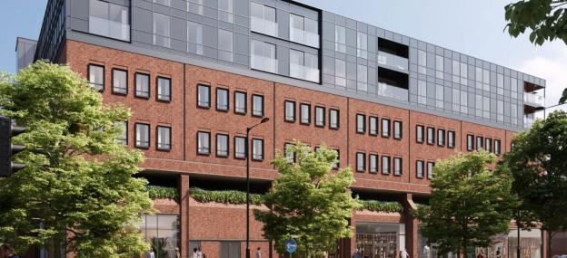 Illustration of a modern brick building with large windows.