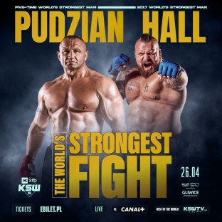 Poster for a Pudzian vs. Hall fight, titled "The World's Strongest Fight".