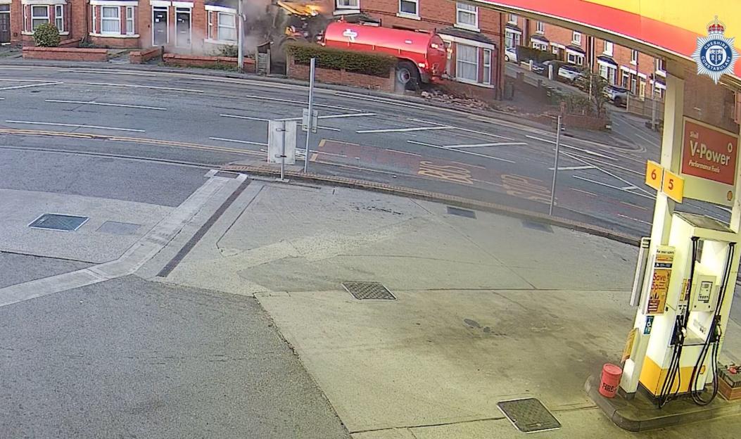 Moment out-of-control TRACTOR ploughs into house after Mercedes crash outside petrol station sent it veering off course