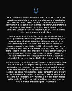 Announcement of the passing of Indianapolis Colts owner and CEO Jim Irsay.