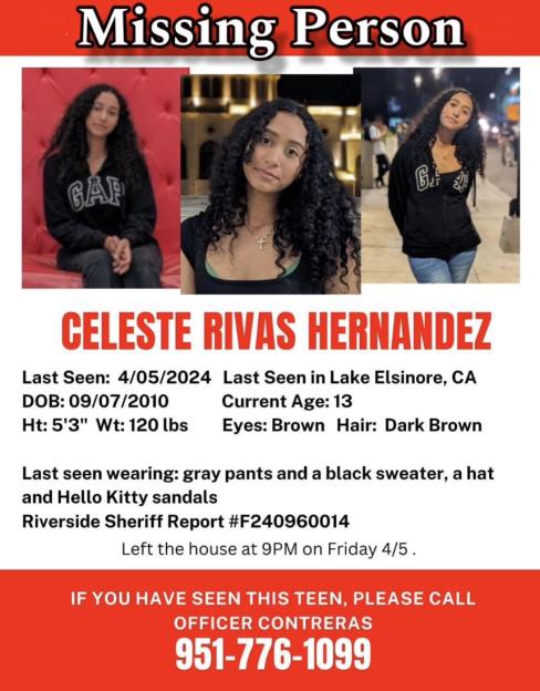 Missing person poster for Celeste Rivas Hernandez, a 13-year-old girl, with three photos and details including her last seen date (April 5, 2024), physical description, and contact information for Officer Contreras.