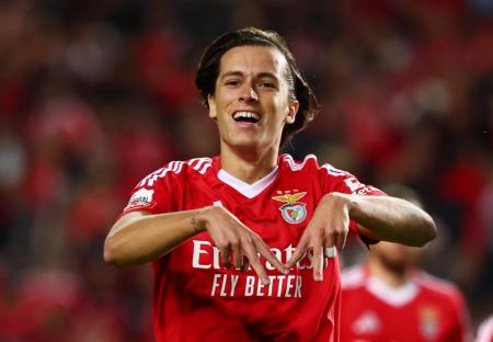Soccer Football - Primeira Liga - SC Farense v Benfica - Estadio Algarve, Algarve, Portugal - November 2, 2024 Benfica's Alvaro Carreras celebrates scoring their first goal REUTERS/Pedro Nunes