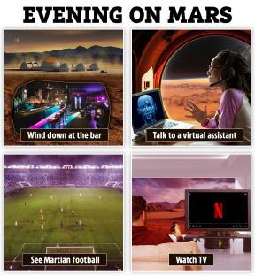 Illustration of evening activities on Mars: visiting a bar, talking to a virtual assistant, watching Martian football, and watching TV.
