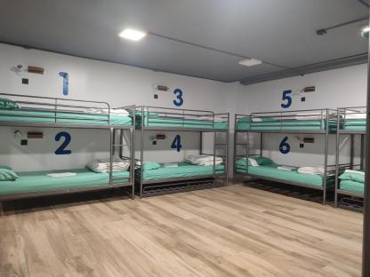 Hostel room with numbered bunk beds.