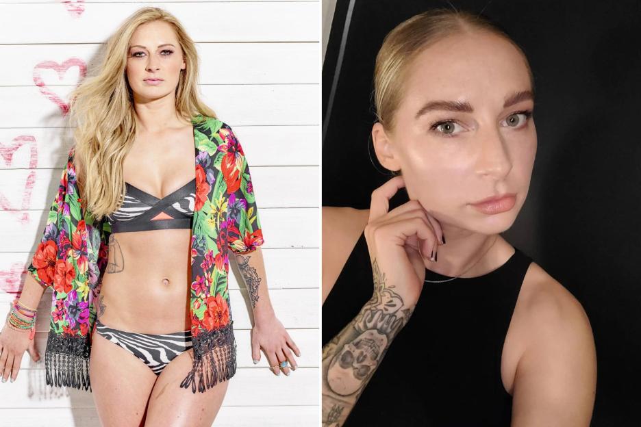An image collage containing 2 images, Image 1 shows Woman in zebra-print bikini and floral kimono against a white wood background with painted hearts, Image 2 shows Portrait of a woman with tattoos on her arm