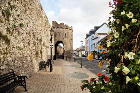 Tenby town wall with flower decorations, benches, and a street view.