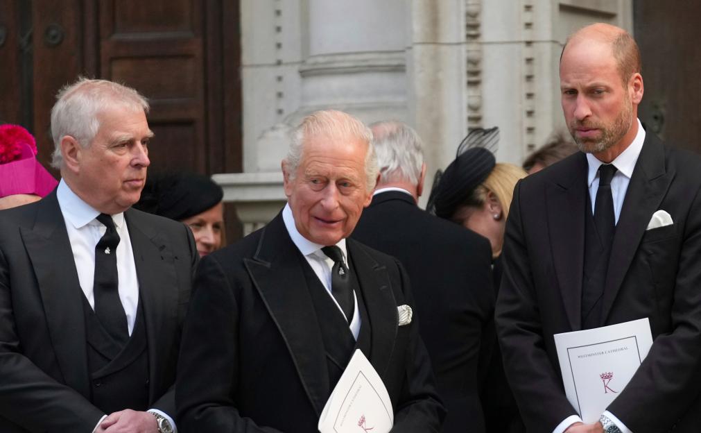Britain's Kate, Princess of Wales, Prince William, Prince Andrew, and King Charles III departing from Westminster Cathedral.