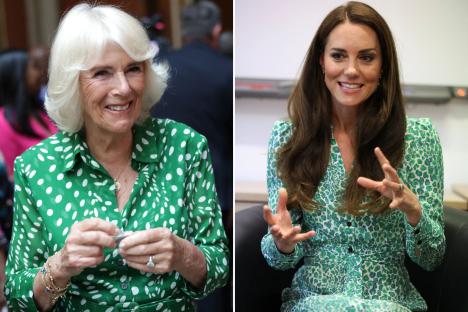 An image collage containing 2 images, Image 1 shows Queen Camilla smiling at a reception, Image 2 shows Catherine, Princess of Wales, smiling and gesturing while seated