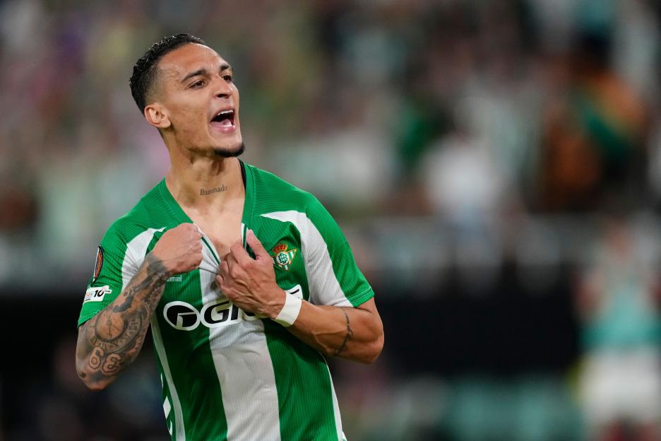 Antony celebrates after scoring for Real Betis against Nottingham Forest.