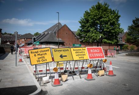 Road closed signs and traffic cones in Ashbourne, Derbyshire.