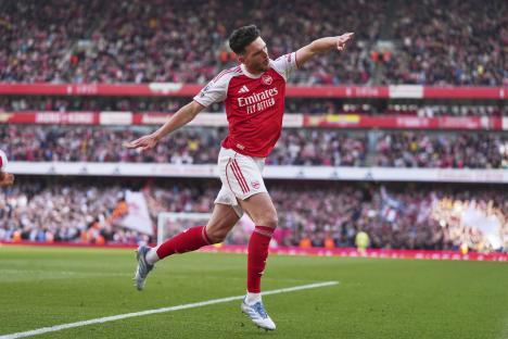 Declan Rice celebrating a goal for Arsenal.