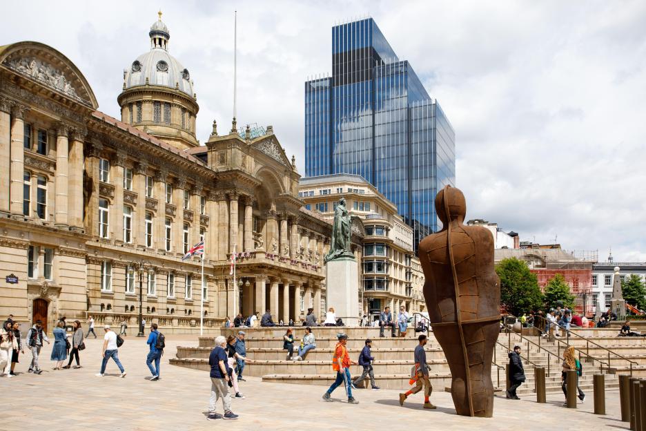 Victoria Square in Birmingham with the Council House, 103 Colmore Row, and the Iron Man statue.