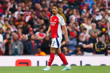 William Saliba of Arsenal during a soccer match.