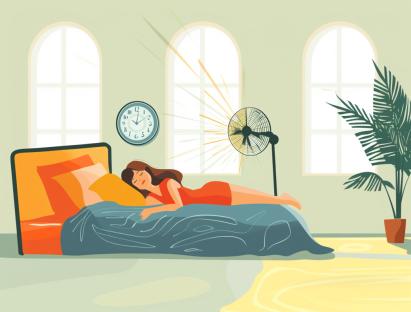 Illustration of a woman sleeping in a bed in a sunny room with a fan.