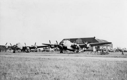 Black and white photo of several Avro Lancaster bombers at Royal Naval Air Station Eastleigh, aka HMS Raven.