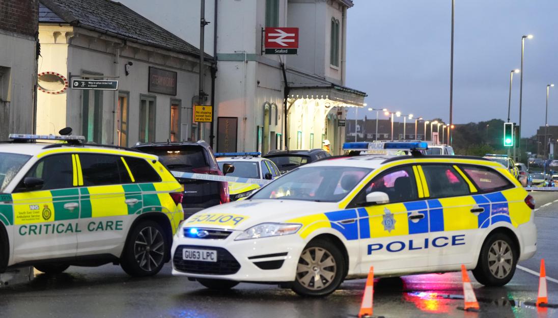 Police cars and an ambulance at Seaford train station following a stabbing.