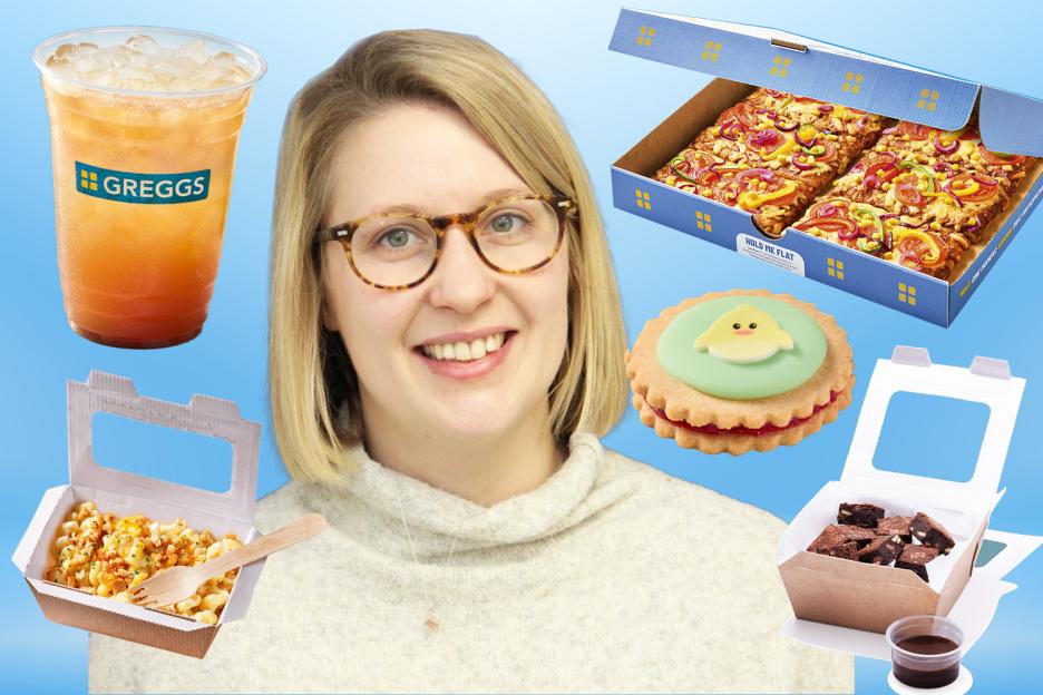 Collage of a woman and various Greggs food items.