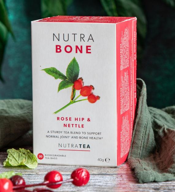 NutraTea NutraBone tea box with rose hip and nettle ingredients.