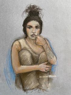Court artist's drawing of Katie Price appearing in court via video link.