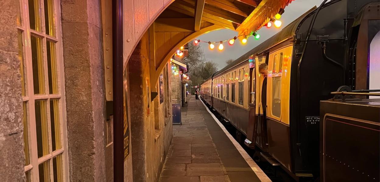 A decorated train at East Somerset Railway's Santa Paws event.