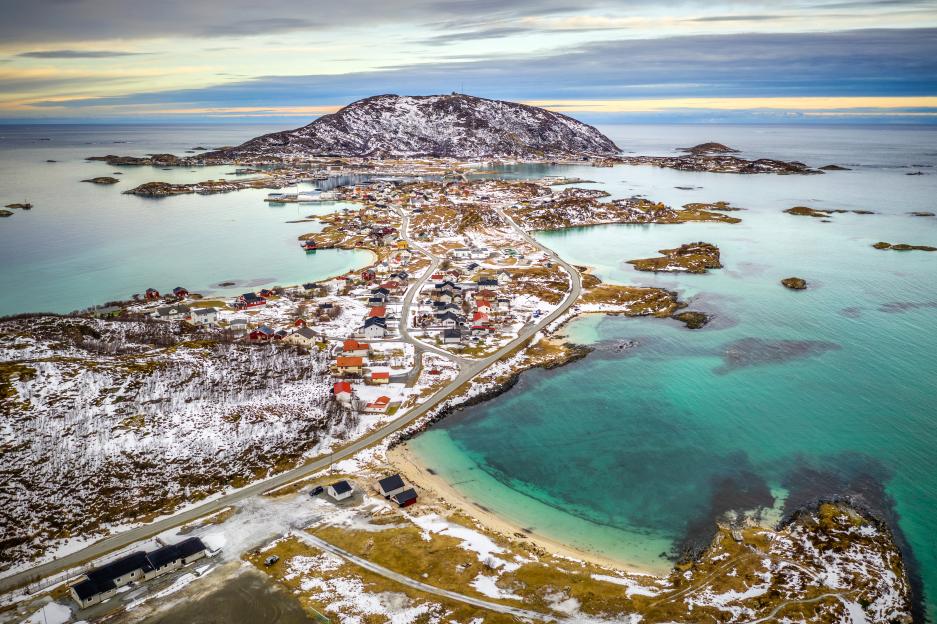 Aerial view of Sommarøy islands, Troms, Norway.