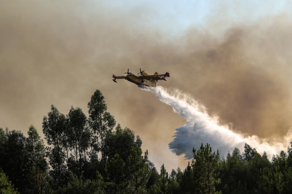 Air tanker dropping water on a forest fire.
