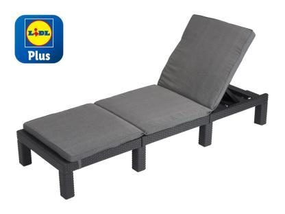 Livarno Home wicker sun lounger with gray cushions.