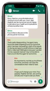 WhatsApp conversation showing Simon canceling lunch due to health concerns.