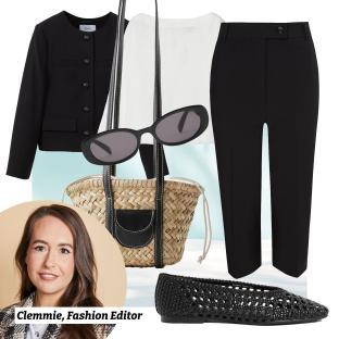 Collage of women's fashion items and fashion editor.