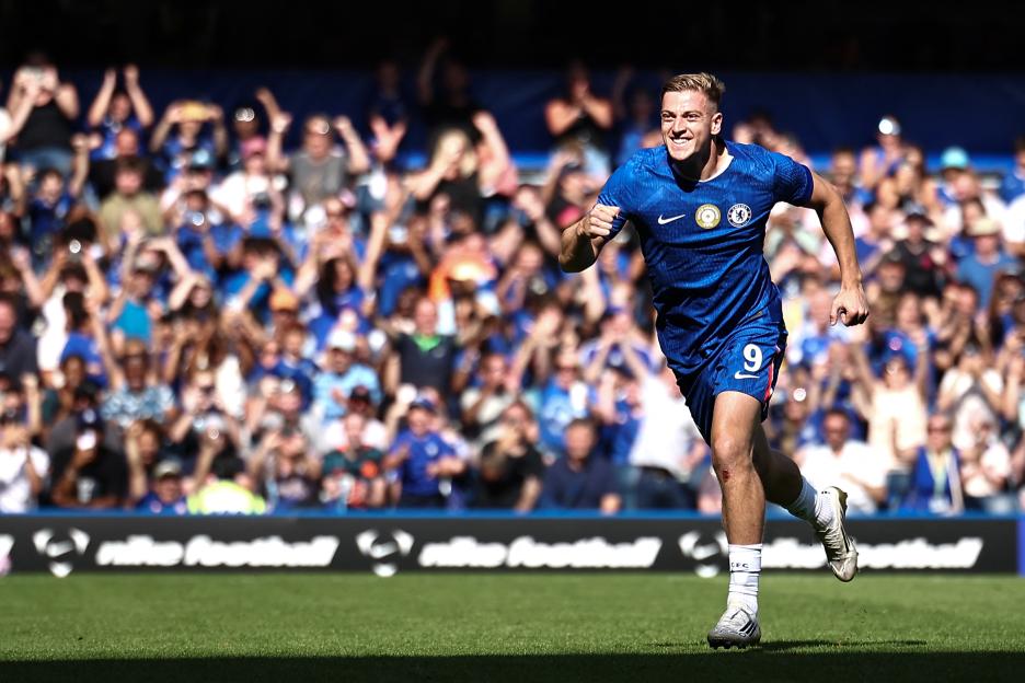Liam Delap of Chelsea celebrating a goal.