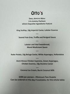 Otto's £350 small appetite menu featuring caviar and other exquisite ingredients.