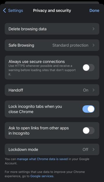 Chrome's privacy and security settings.