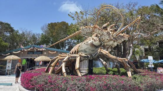 Large lobster statue in front of Rain Barrel Village shop.
