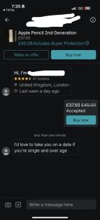 Screenshot of a Vinted app conversation where a user received a dating proposition after accepting an offer for an Apple Pencil.