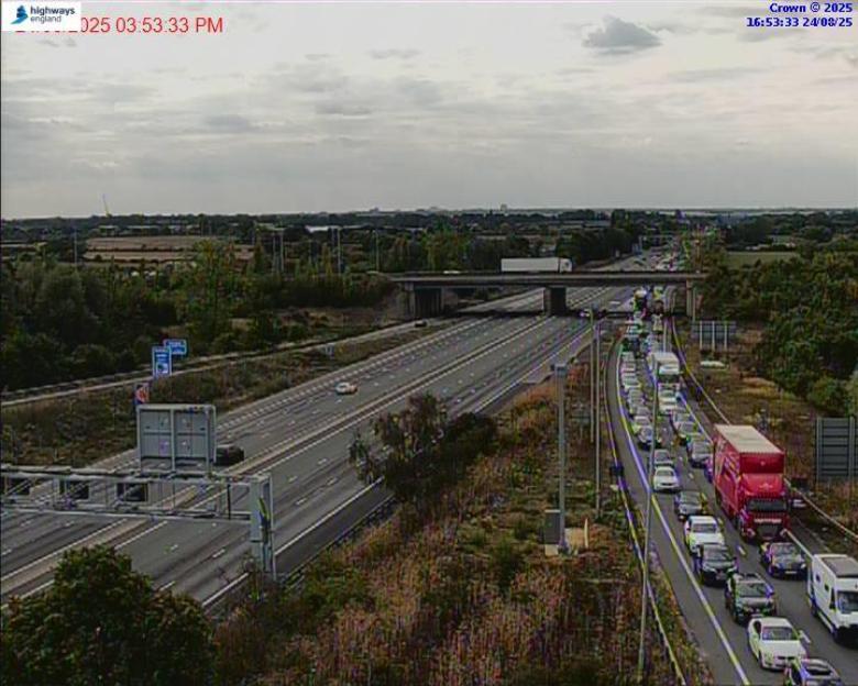 Overhead view of highway traffic jam.