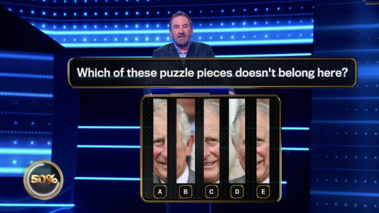 Screenshot of a game show question: Which of these puzzle pieces doesn't belong here? Five images of King Charles III are shown, one differing slightly from the others.